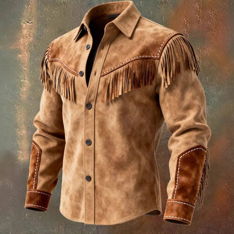 Men's Suede-Look Fringed Button-Front Long-Sleeve Jacket