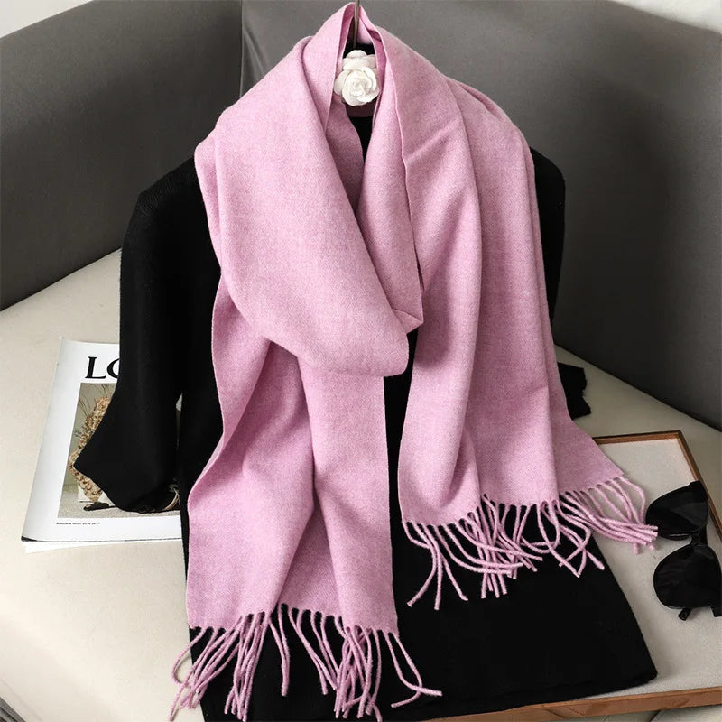 Solid Long Rectangular Scarf with Decorative Fringe Trim