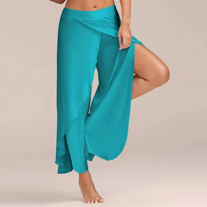 Women's Side Split Polyester Rayon Palazzo Pants with Flowing Wide Legs