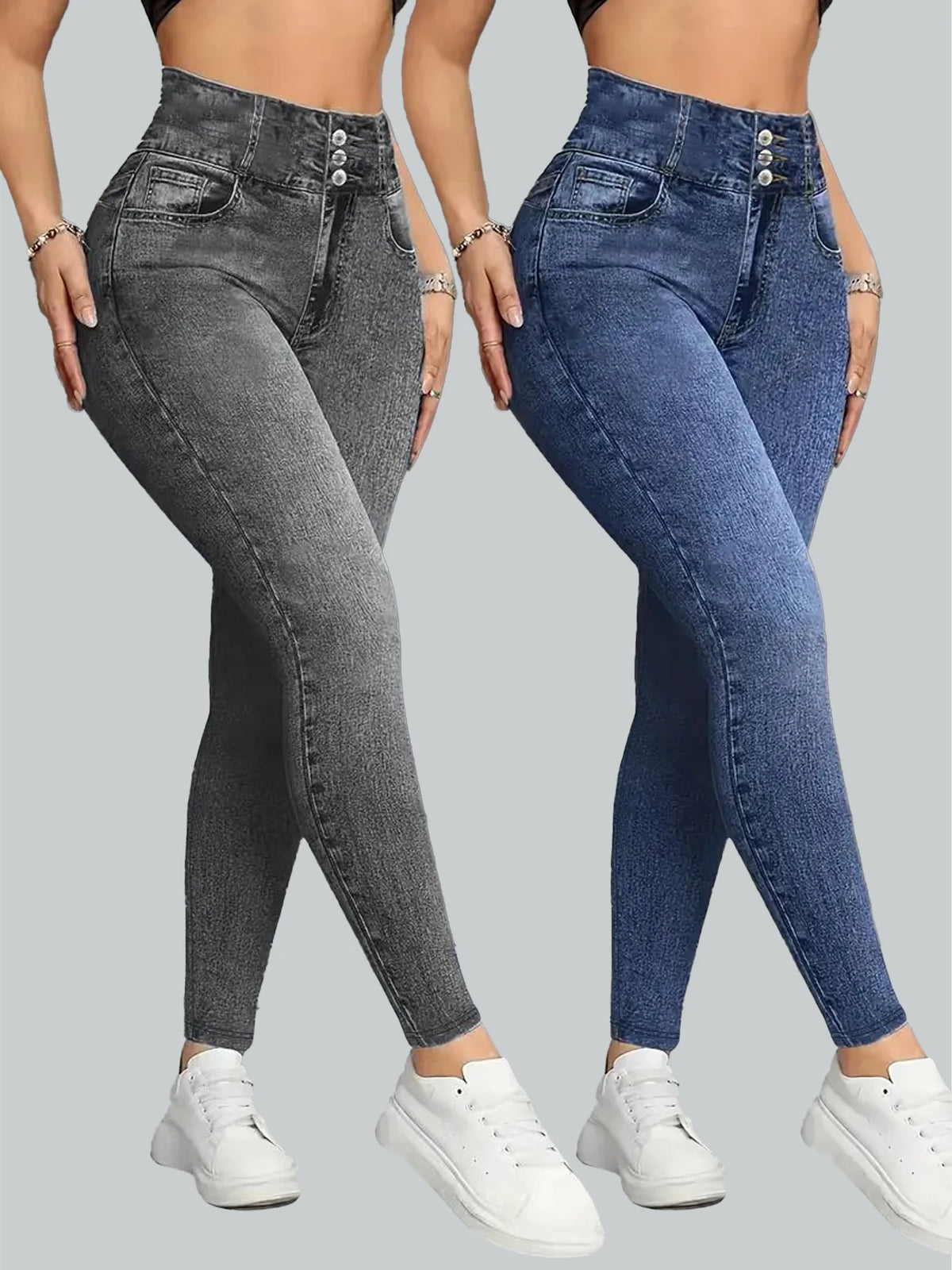 Women's High-Waist Denim-Print Stretch Ankle-Length Leggings