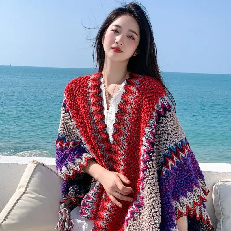 Zigzag Knit Fringe Poncho for Layering over Outfits