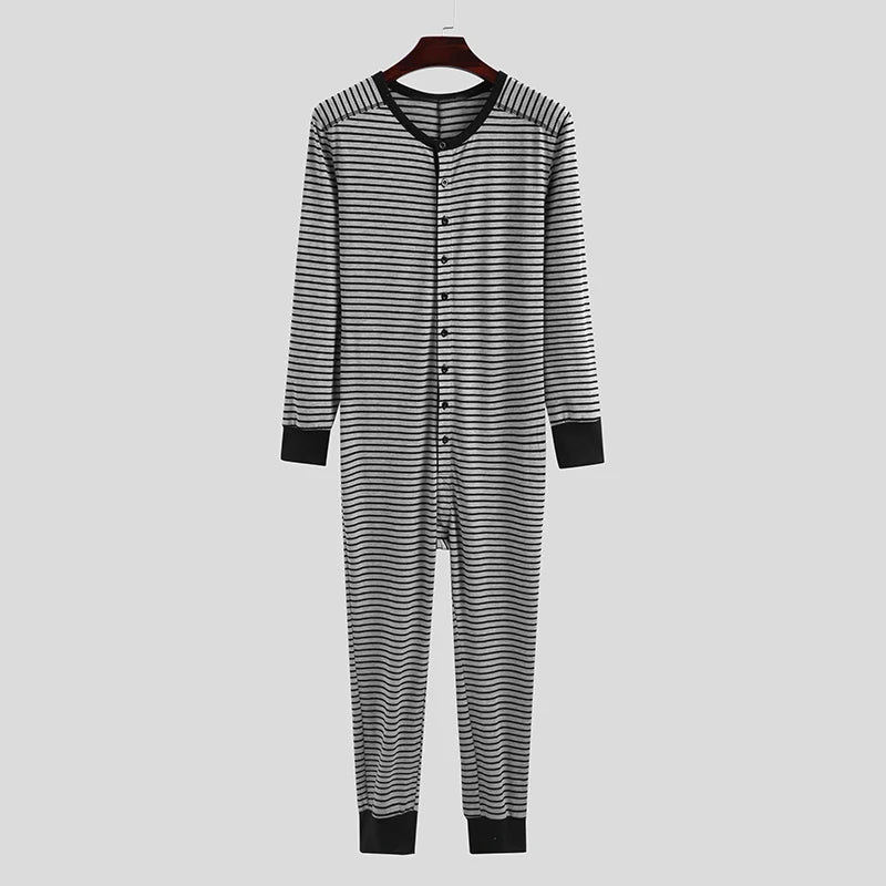 Men's Striped Button Front Long Sleeve Pajama Lounge Jumpsuit
