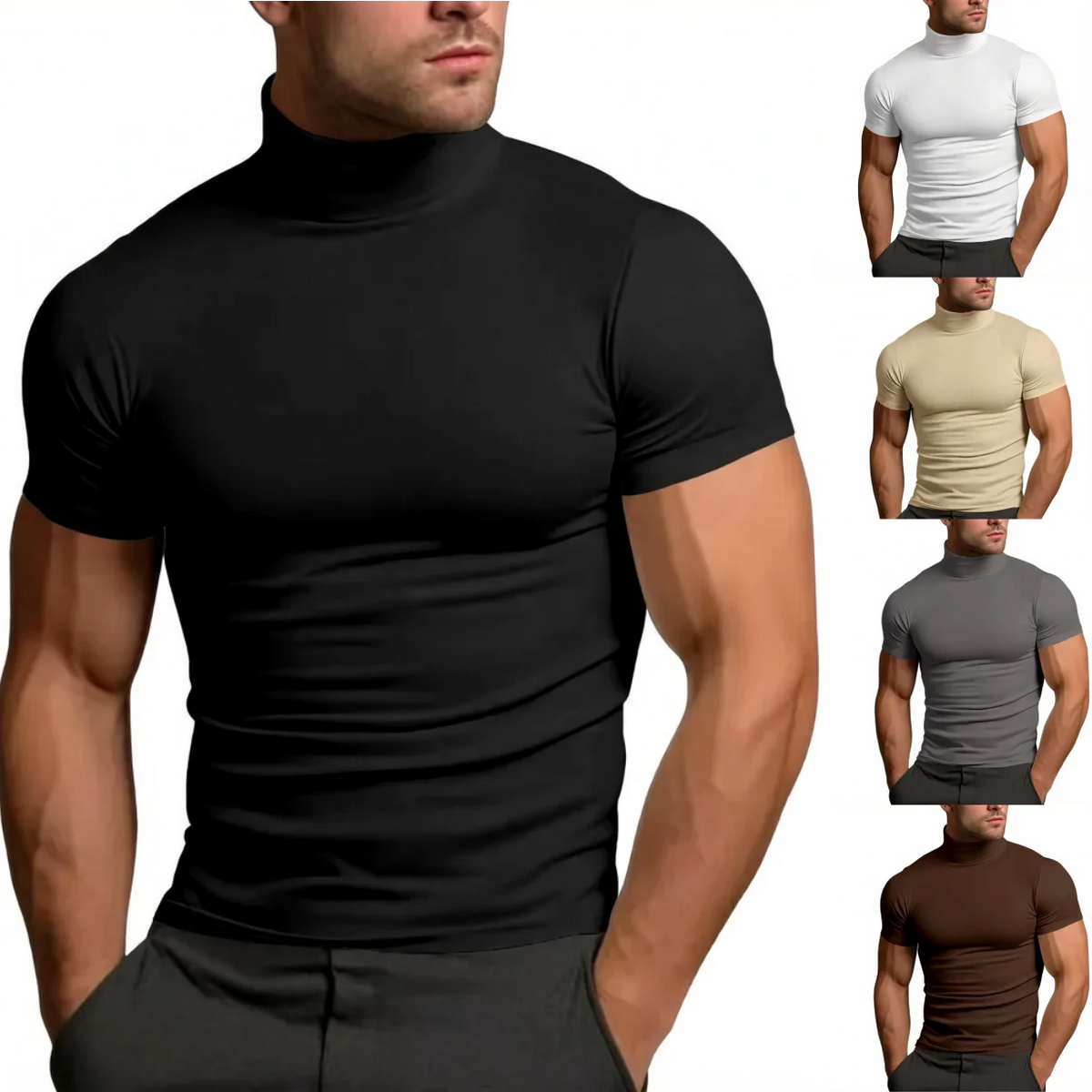 Solid Mock Neck Short Sleeve Fitted Compression T Shirt