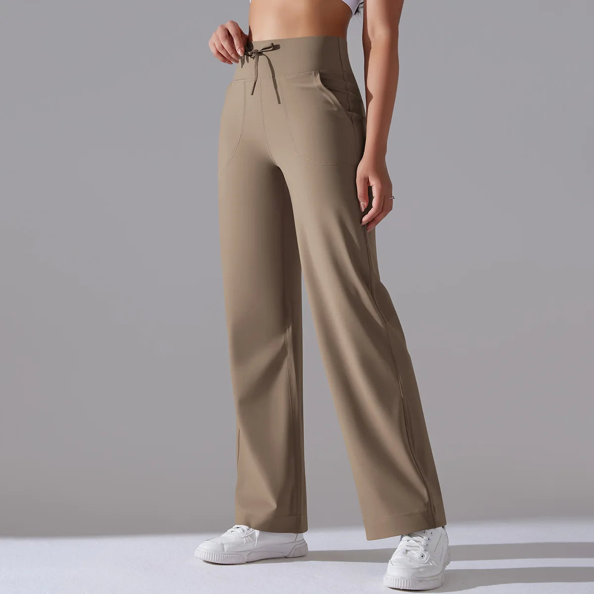 Women's Drawstring Waist Nylon Blend Wide Leg Pants with Extended Length Options