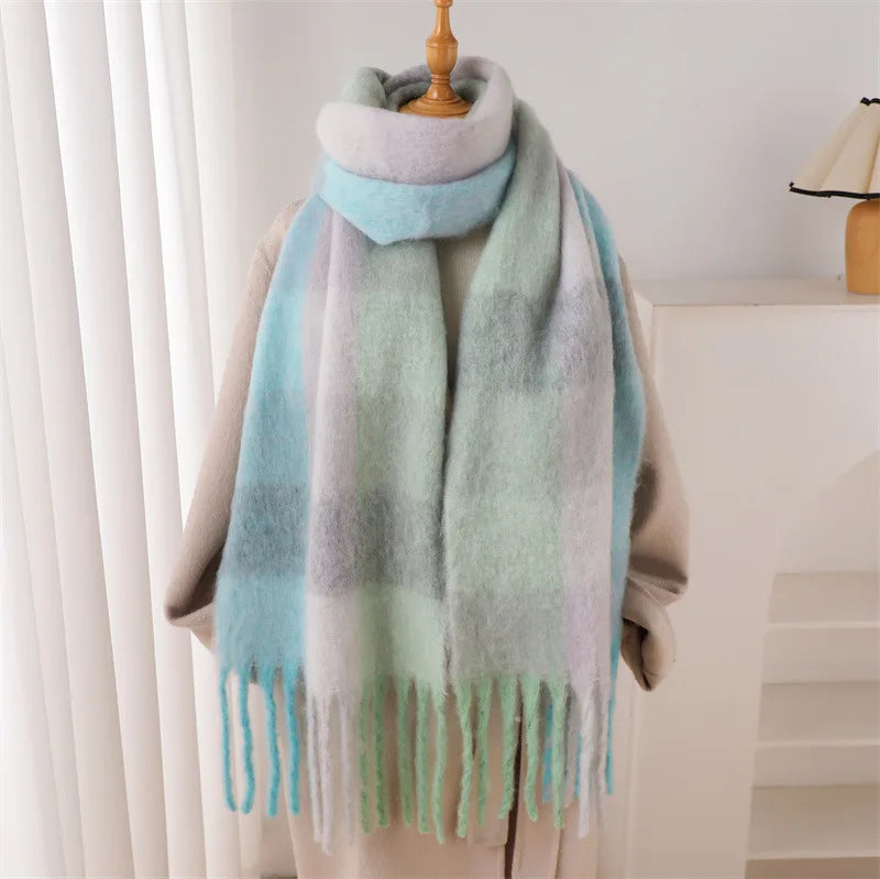 Multicolor Plaid Scarf with Long Shape and Fringed Ends