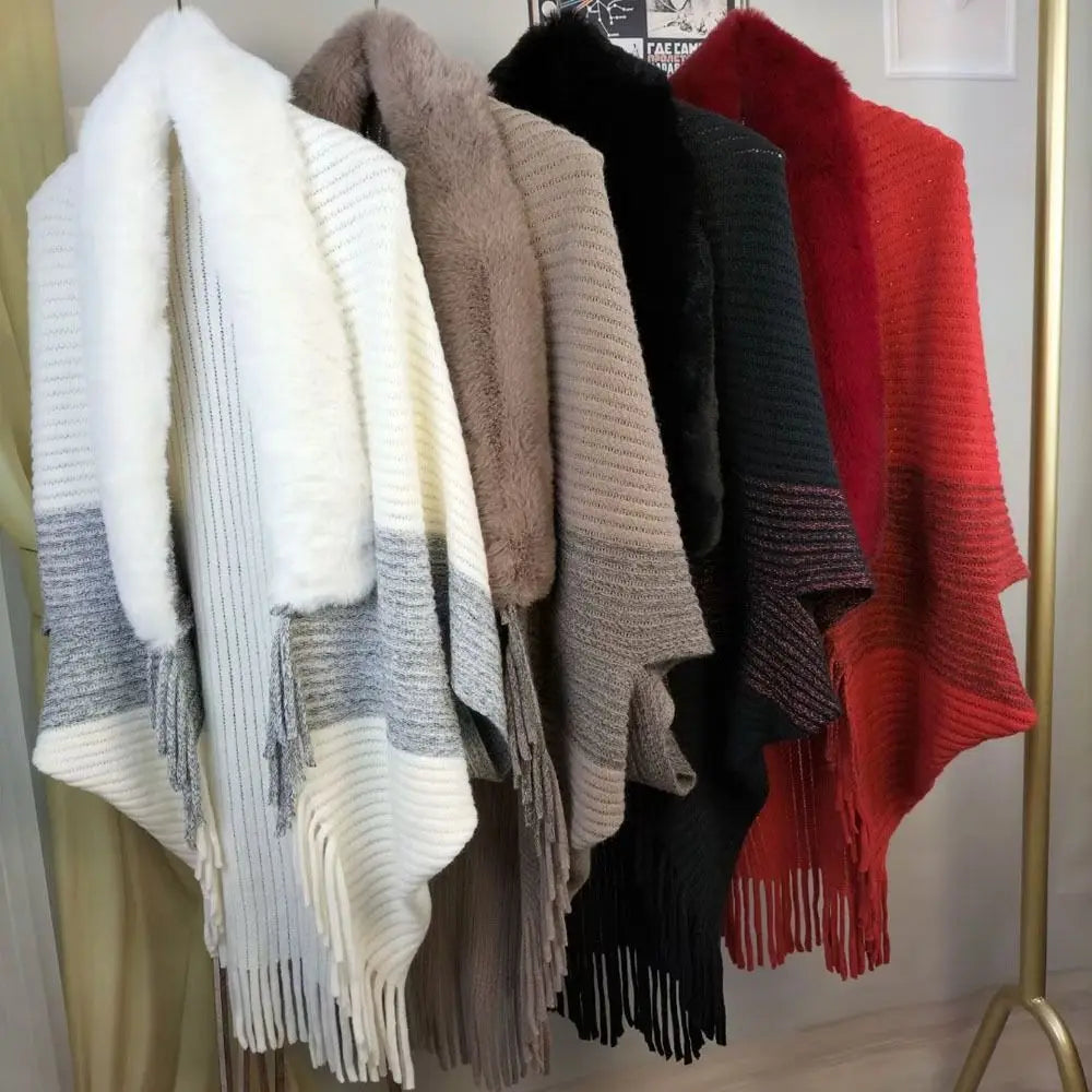 Plush Collar Ribbed Fringe Poncho for Layering over Outfits