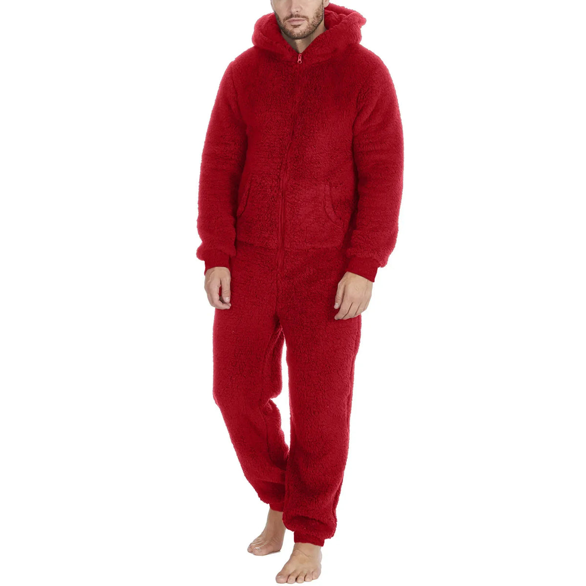 Men's Hooded Zip Front Long Sleeve Plush Pajama Jumpsuit
