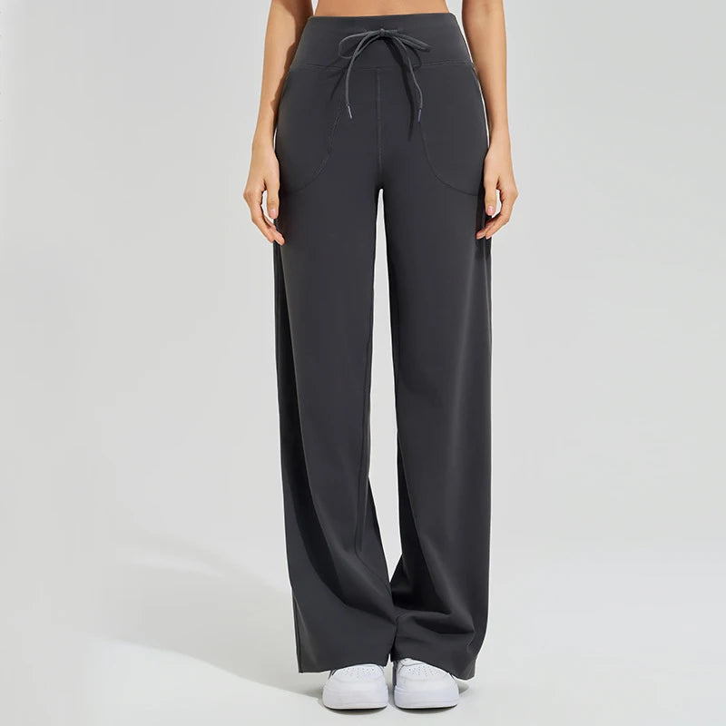 Women's Drawstring Waist Nylon Blend Wide Leg Pants for Yoga Practice