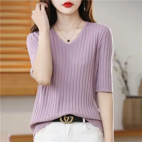Women's V Neck Short Sleeve Sweater Casual Knit Layer