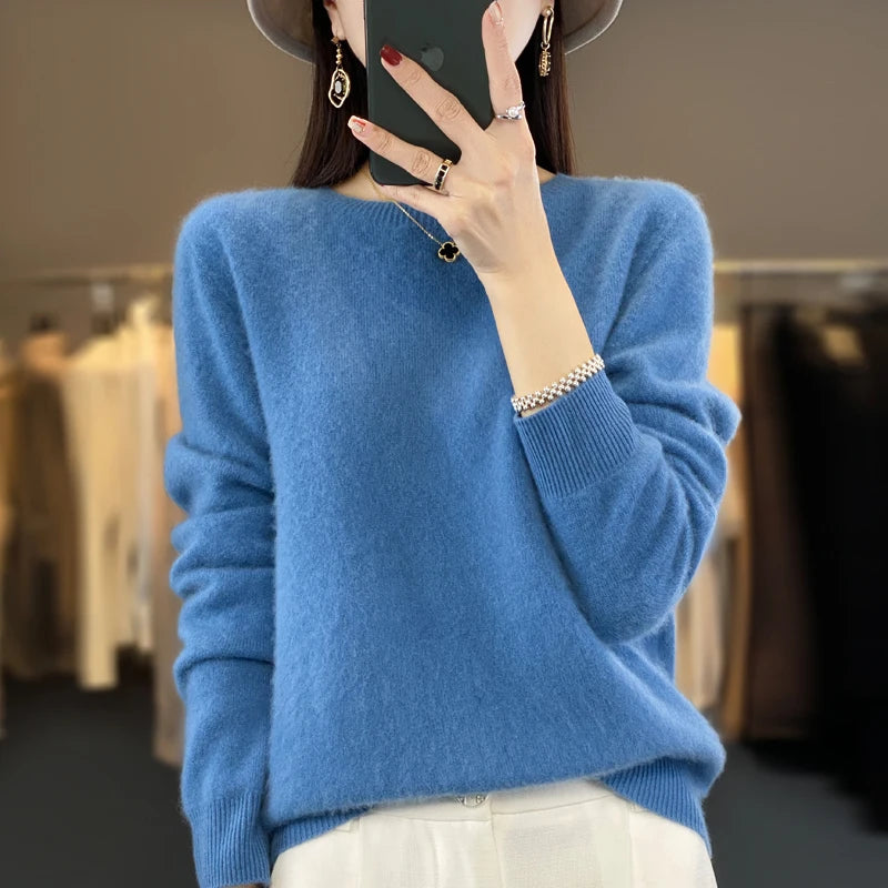 Women's Fluffy Round Neck Long Sleeve Sweater Casual Knit Layer