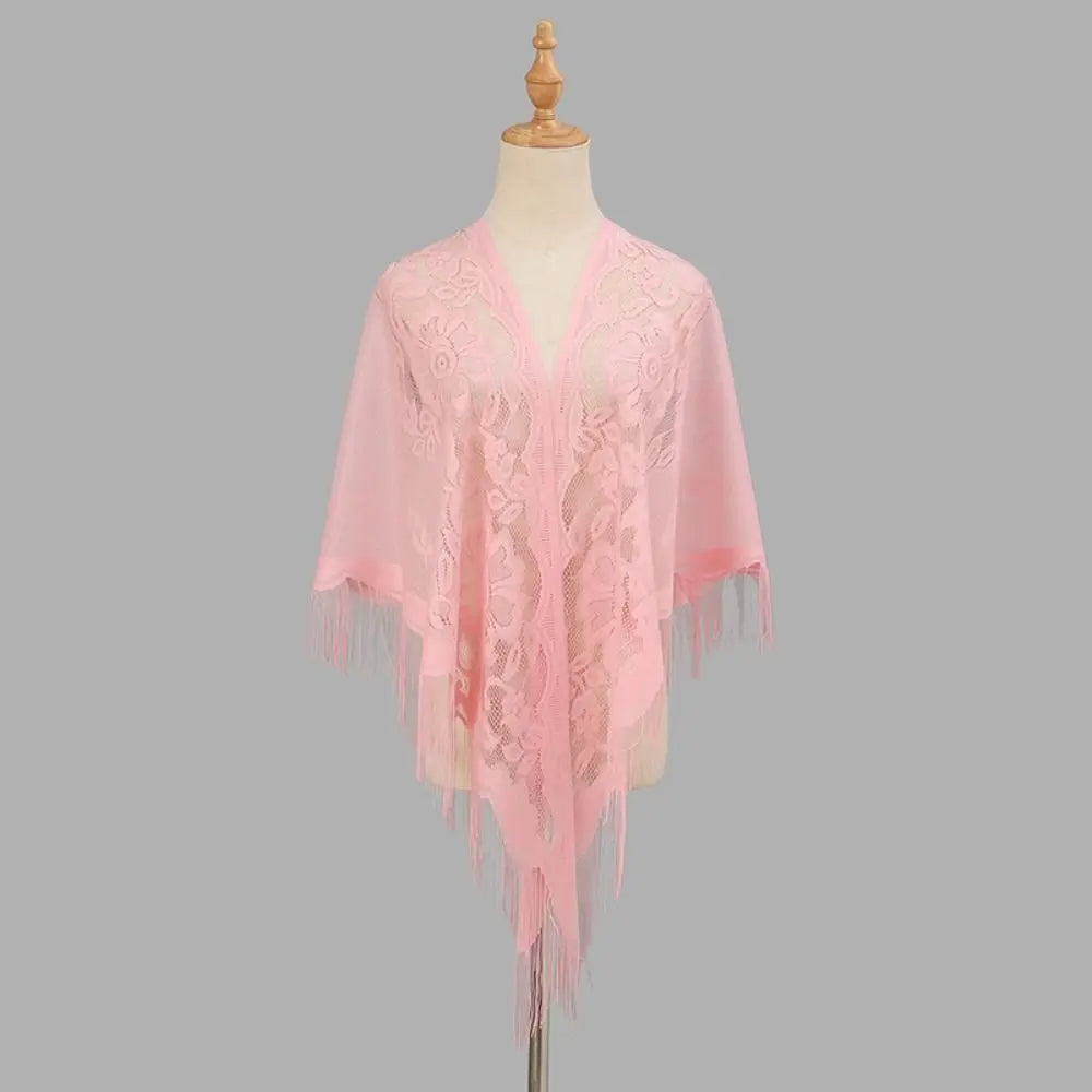 Floral Lace Fringed Wrap Scarf for Layering over Outfits