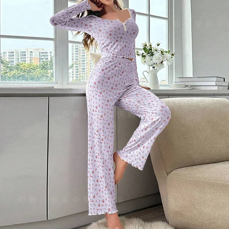 Women's Floral Textured Long Sleeve Pajama Set with Top and Pants