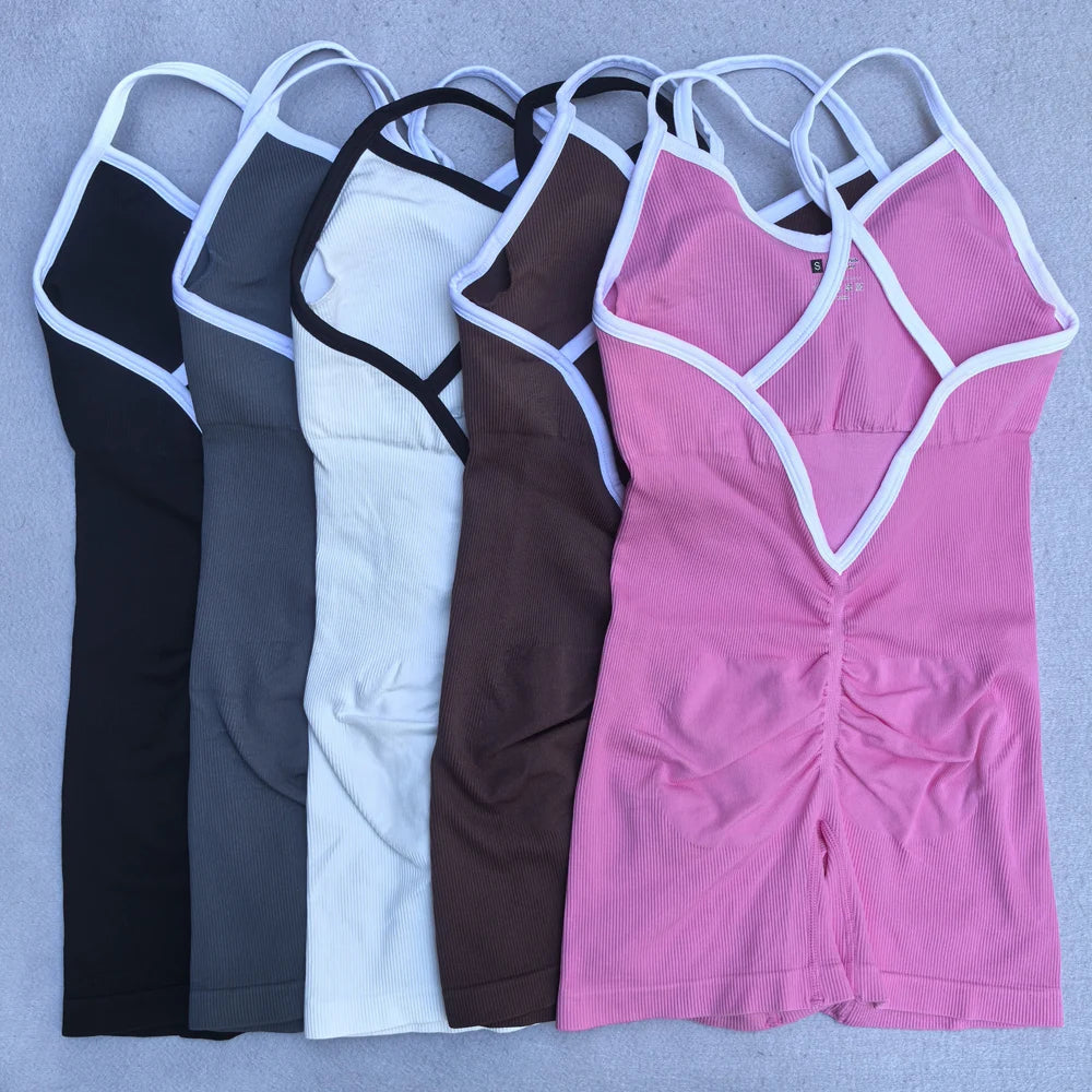 Women's Contrast Trim Nylon Blend Workout Romper with Thin Crossed Straps