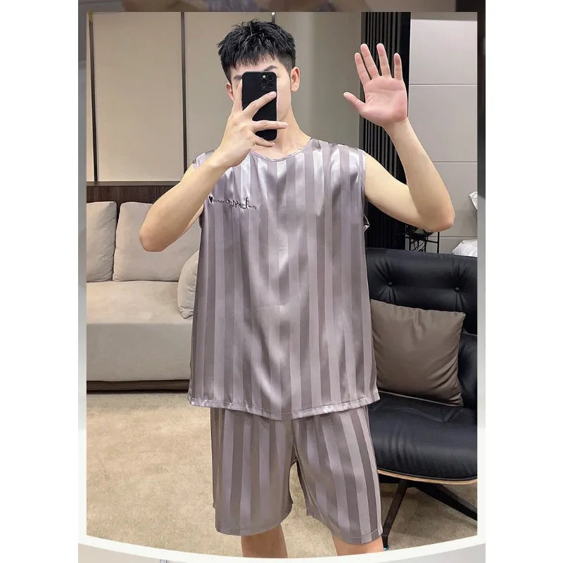 Men's Striped Sleeveless Top and Shorts Pajama Set