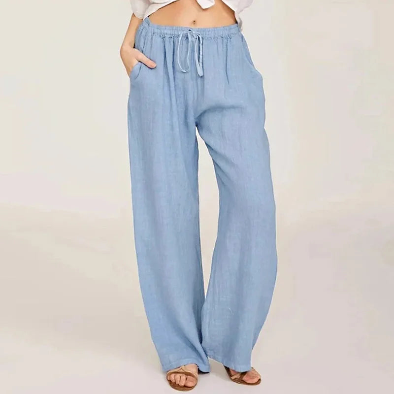 Women's Cotton-Linen Loose Straight-Leg Full-Length Pants with Drawstring Waist and Side Pockets