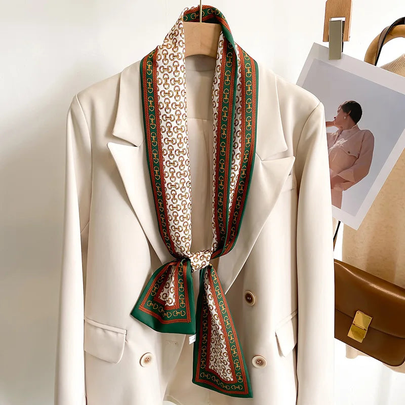 Printed Long Narrow Scarf with Decorative Ribbon Shape