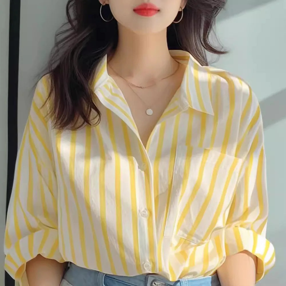 Women's Striped Collared Long Sleeve Shirt