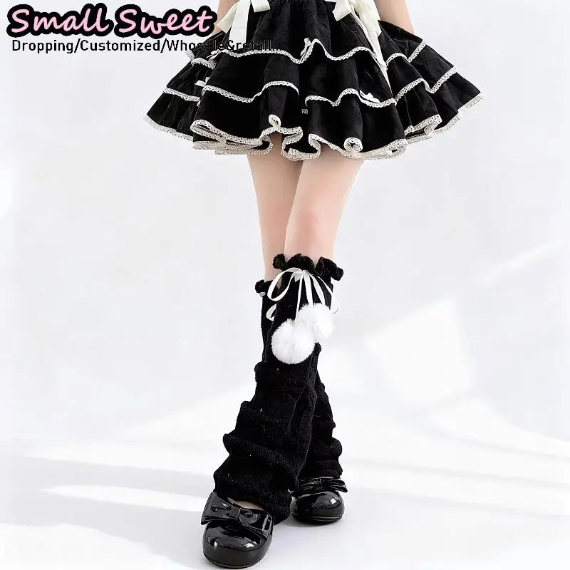 Flared Ruffle Leg Warmers with Bow and Pom Details