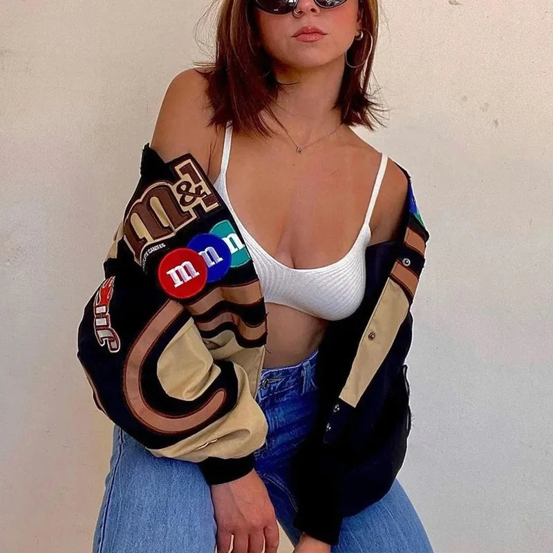 Collared Long Sleeve Loose Fit Casual Streetwear Bomber Jacket