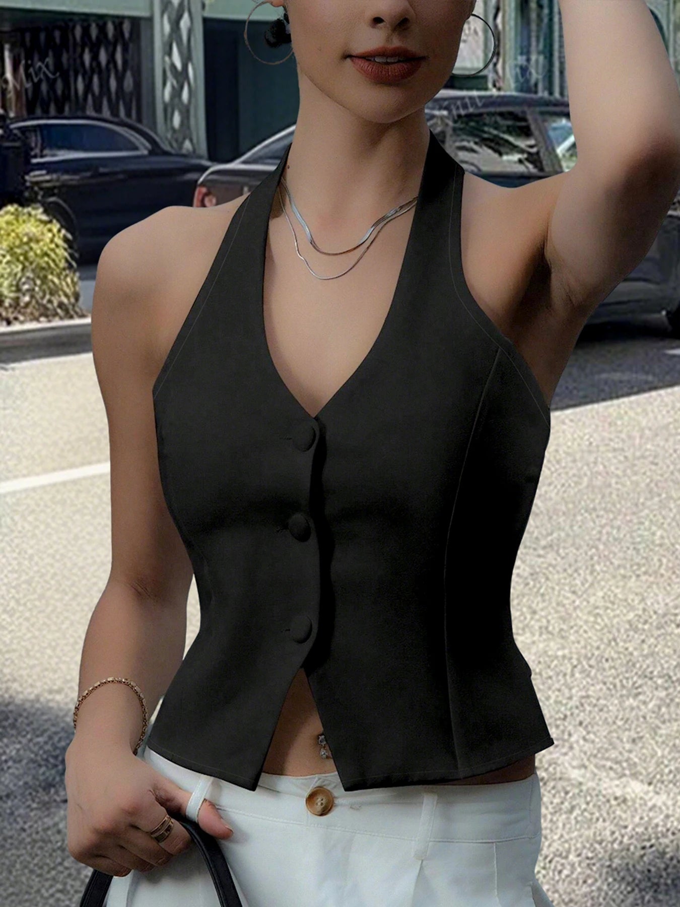 Women's Halter Vest with Button Front and Ties at the Back