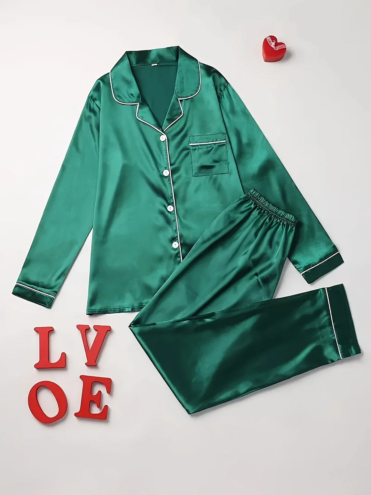 Women's Piped Button Front Long Sleeve Pajama Set with Top and Pants