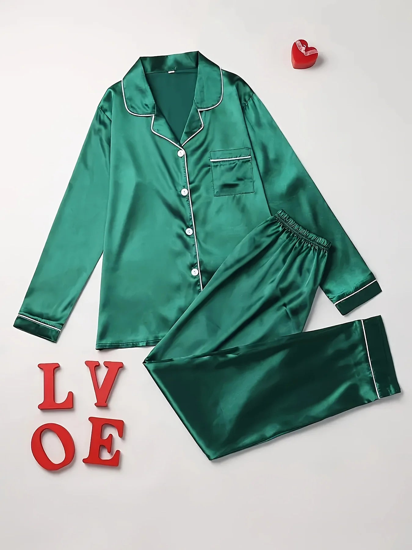 Women's Piped Button Front Long Sleeve Pajama Set with Top and Pants
