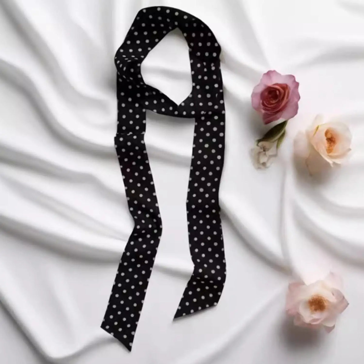 Printed Narrow Long Scarf with Pointed Ribbon Ends