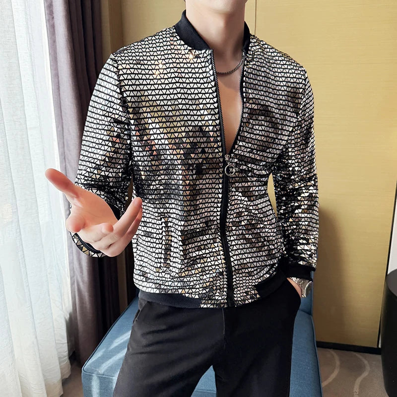 Metallic Finish Long Sleeve Front Zip Casual Bomber Jacket