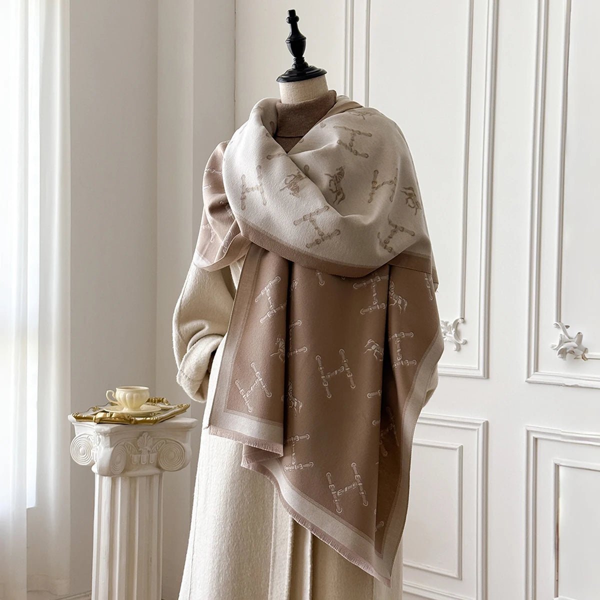 Monogram Pattern Fringed Wrap Scarf for Layering over Outfits