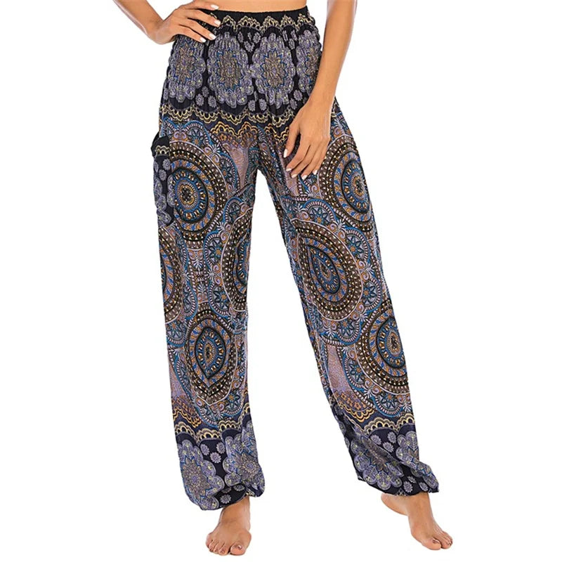 Women's Printed Rayon Harem Pants with High Waist and Gathered Ankles