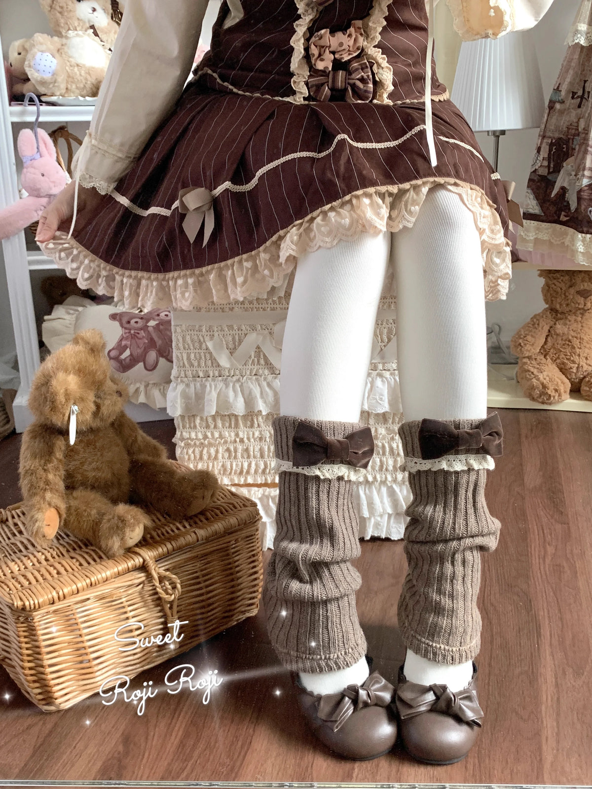 Ribbed Leg Warmers with Decorative Lace and Bow Trim