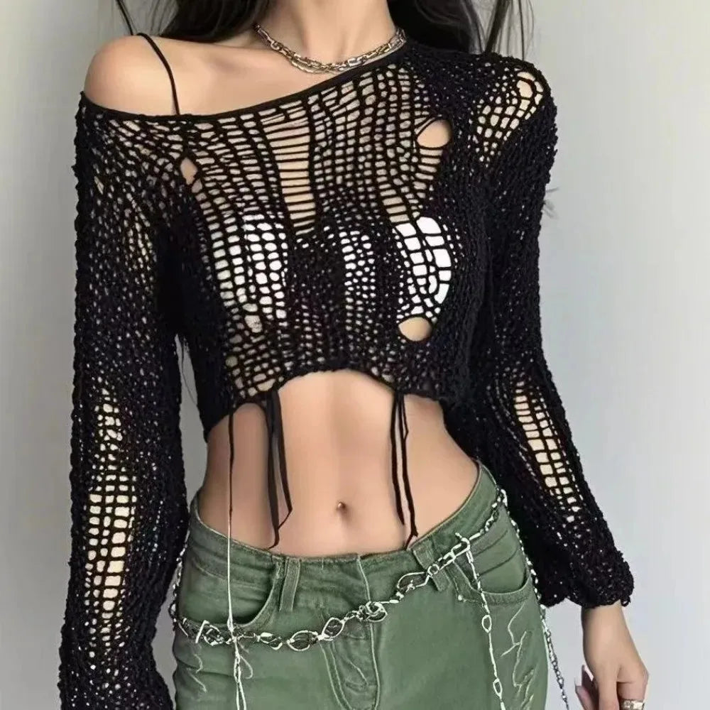 Women's Distressed Open Knit Cropped Pullover Crop Top