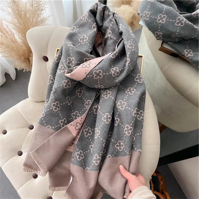 Printed Long Fringed Scarf with Repeating Floral Pattern