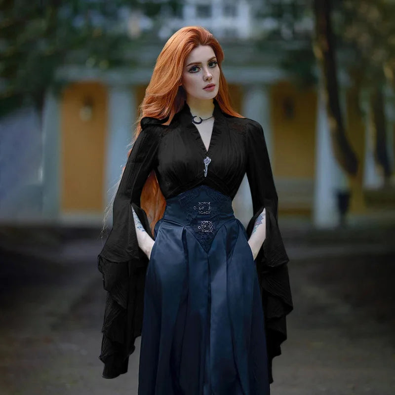 Women's Ruffled Flare Sleeve Blouse with Shaped Hem