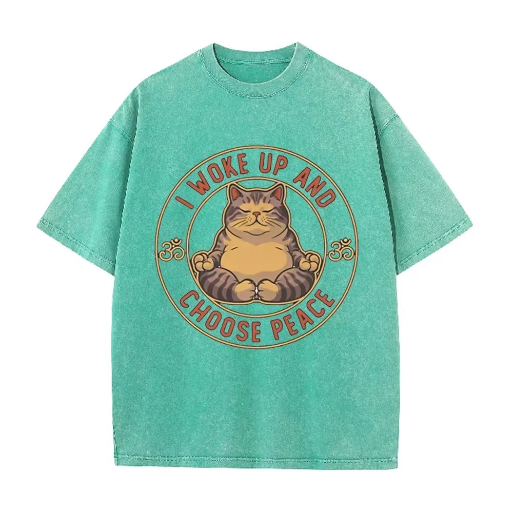Retro Beige Zen Yoga Tabby Cat Om Symbol Acid Wash Oversized Streetwear Tee
