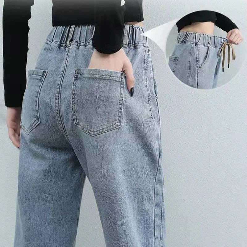 Women's Drawstring Elastic Waist Cropped Cuffed Denim Jeans