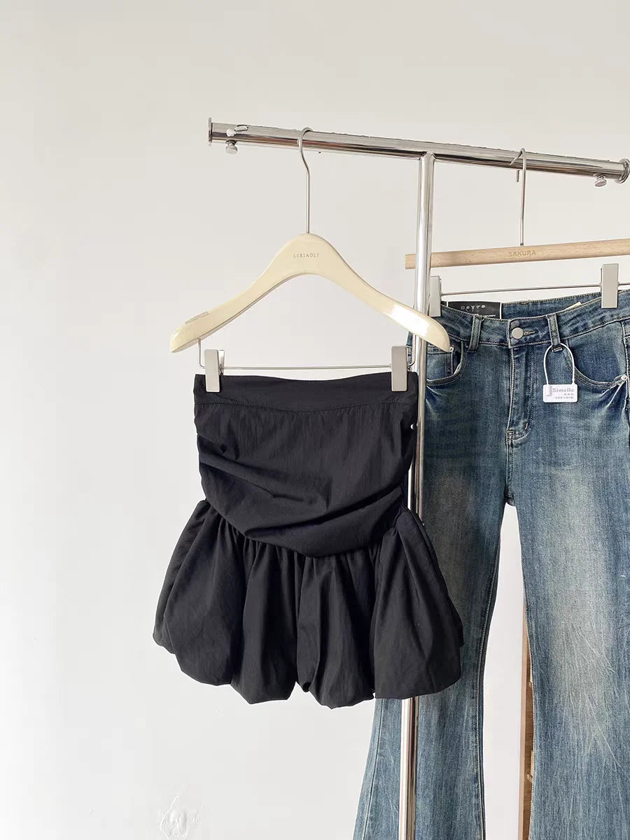 Women's Ruched Strapless Peplum Crop Top with a Gathered Waist