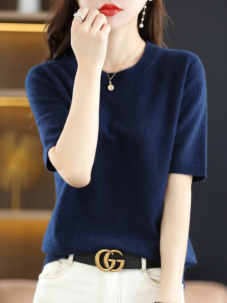 Women's Crew Neck Short Sleeve Sweater Casual Knit Layer