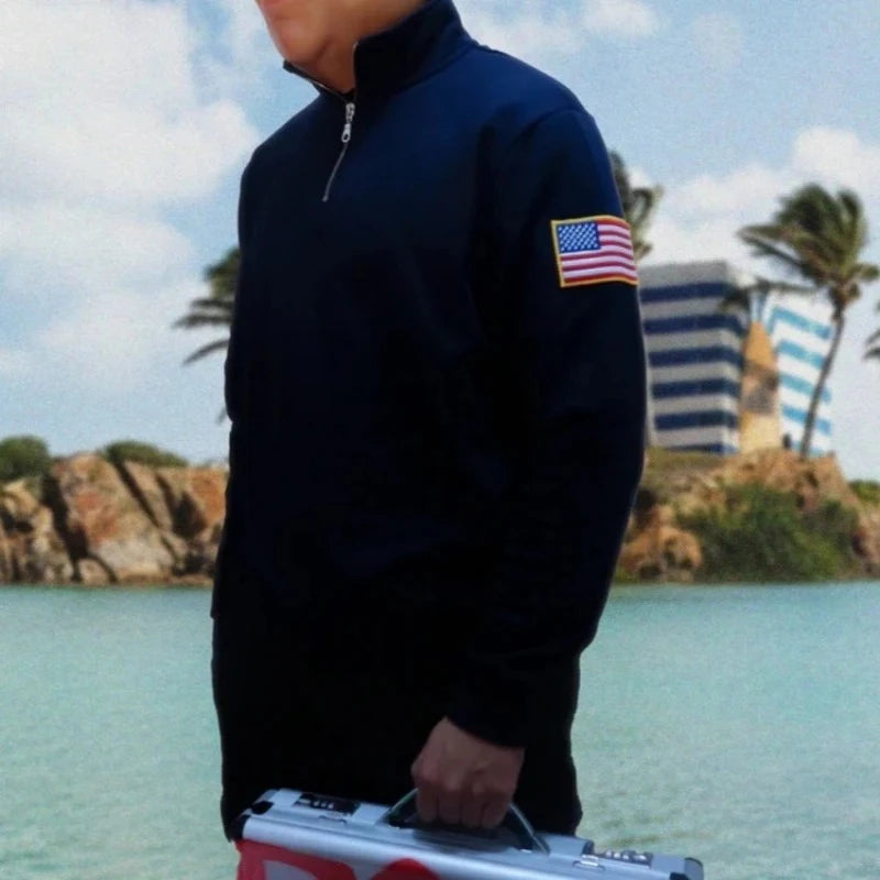 Cotton Flag-Embroidery Stand-Collar Quarter-Zip Sweatshirt