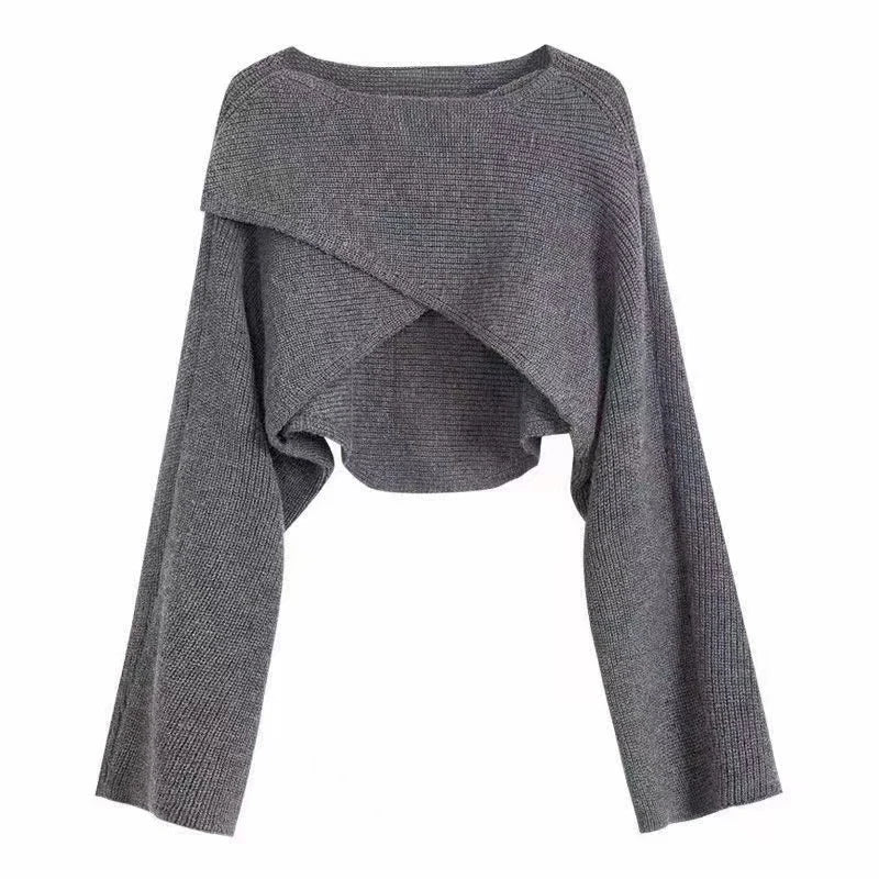 Women's Acrylic Crisscross-Front Cropped Long-Sleeve Knit Pullover Sweater for Autumn Layered Outfits