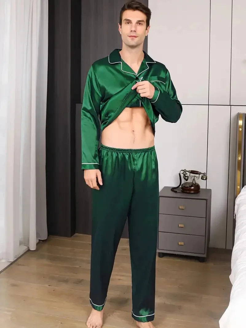 Men's Satin Look Button Front Shirt and Pants Pajama Set
