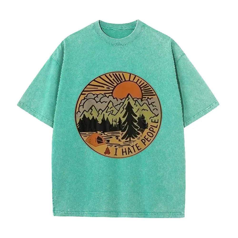 Vintage Camping I Hate People Print Washed Black Casual Outdoor T Shirt