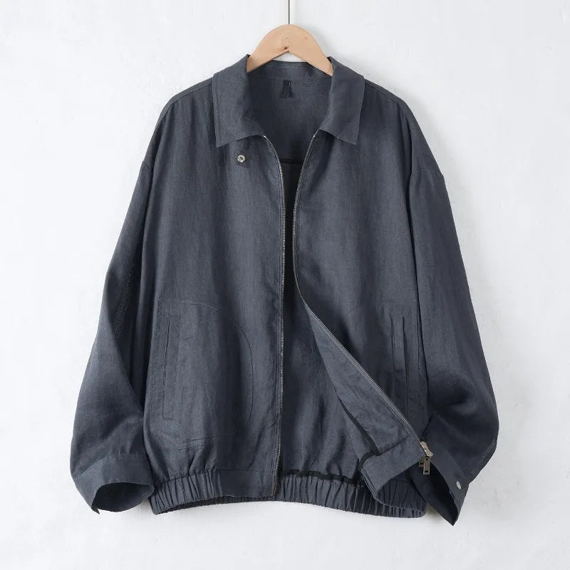 Women's Linen Long-Sleeve Loose Collared Zip-Up Jacket with Pockets for Layered Outfits