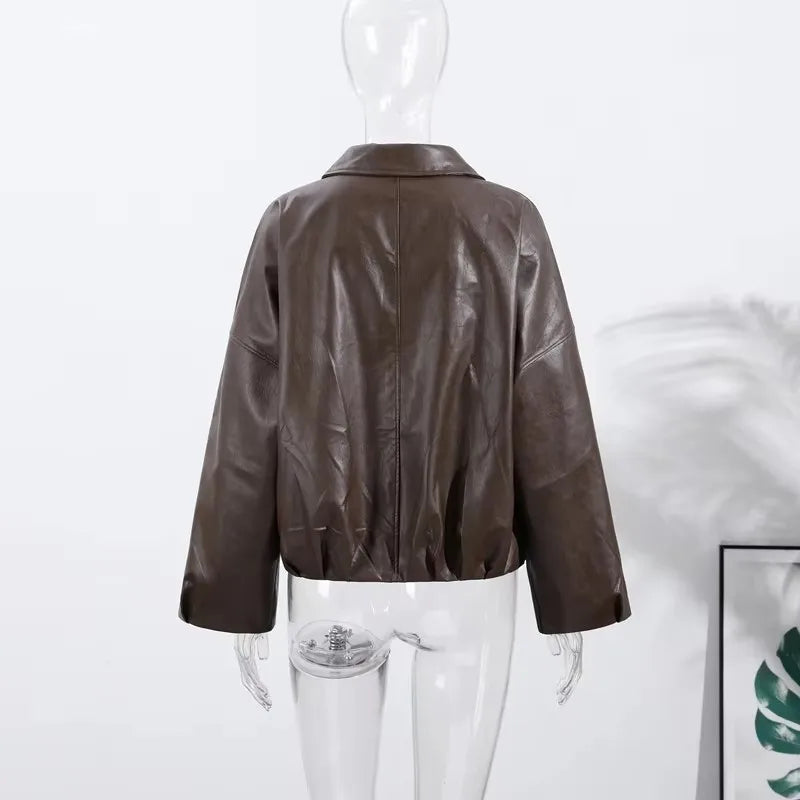 Women's Faux-Leather Lapel Zip-Front Jacket