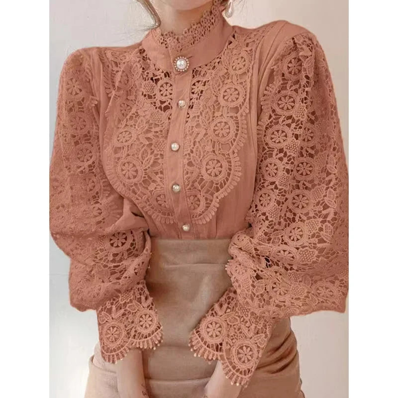 Women's Lace Stand Collar Long Sleeve Button Front Blouse