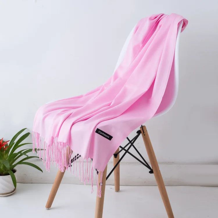 Solid Long Rectangular Scarf with Fringed End Trim