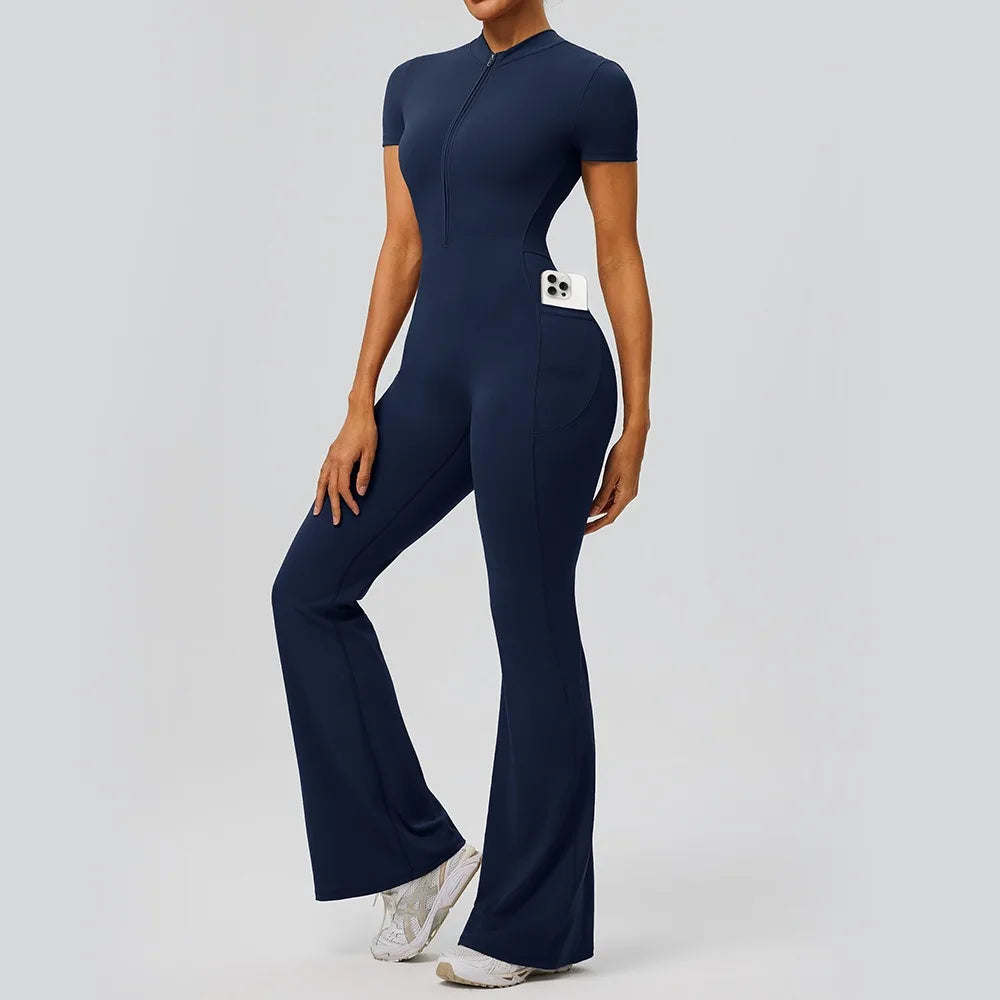Women's Short Sleeve Nylon Blend Flared Workout Jumpsuit with Front Zip