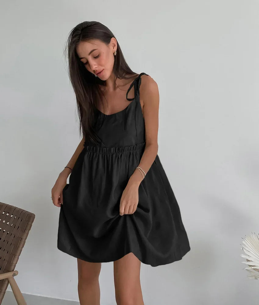 Women's Cotton-Linen Sleeveless Mini Dress with Tie Straps for Casual Summer Outfits
