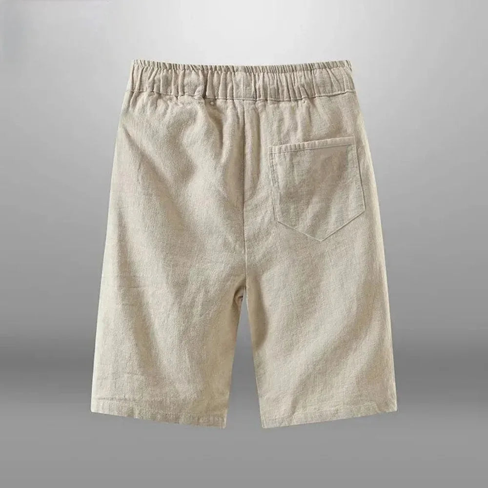 Men’s Cotton-Linen Knee-Length Drawstring Shorts with Pockets and Regular Fit