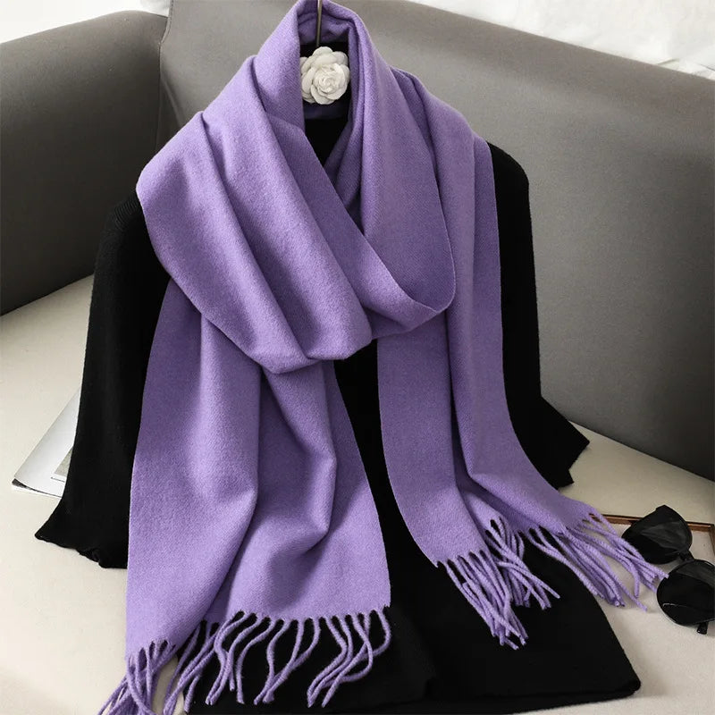 Solid Long Rectangular Scarf with Decorative Fringe Trim